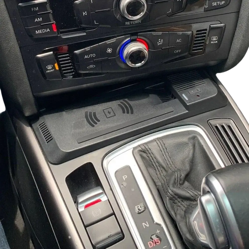 Black wireless charging pad with embossed wi-fi and battery icons for audi a4 q5 wireless car charger mount 15w