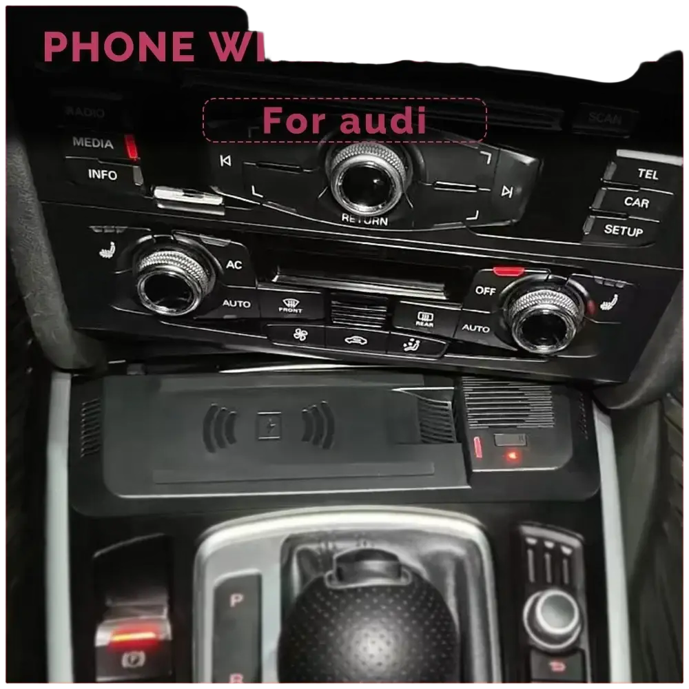 Black wireless phone charger mount for Audi A4 Q5 with sleek rectangular shape, wave patterns, and illuminated indicator light