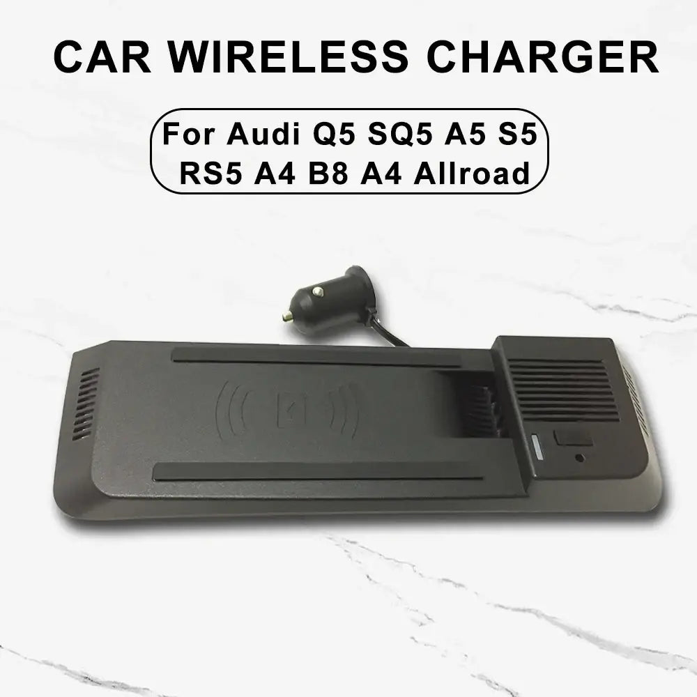 Black plastic wireless car charger with cigarette lighter plug and ventilation slits for Audi A4 Q5 15w charging