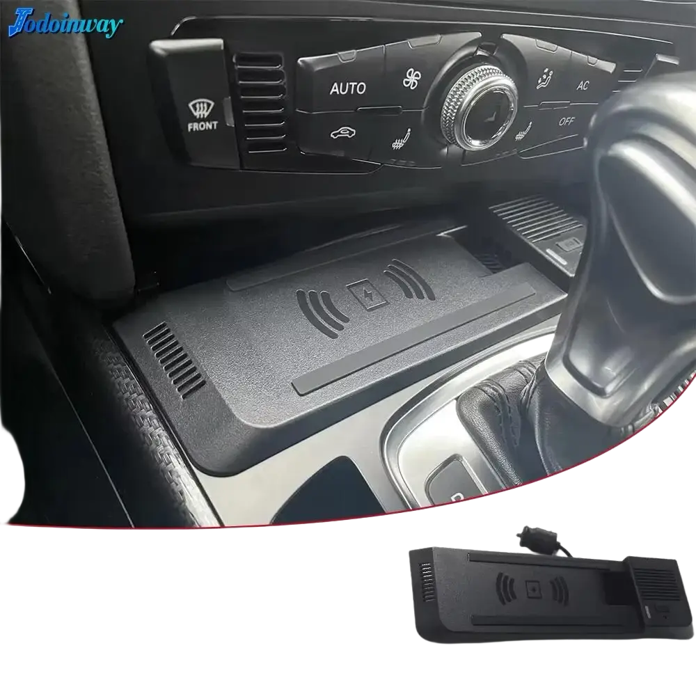 Black plastic wireless car charger mount with textured surface and embossed charging symbol for Audi A4 Q5 vehicles