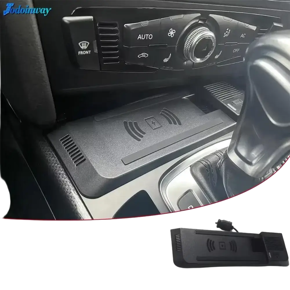 Black plastic wireless car charger pad with embossed charging symbol and ventilation slots for audi a4 q5 15w car charger