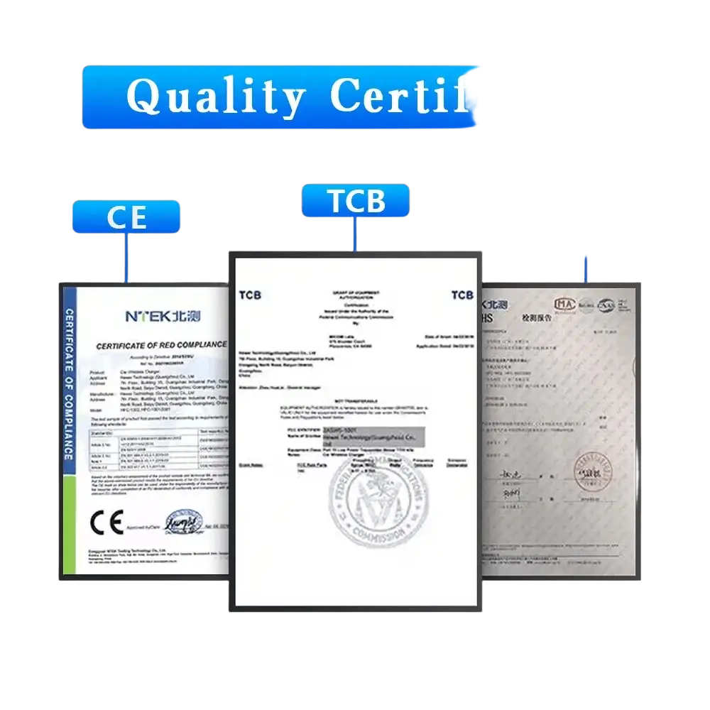 Three official compliance certificates ce tcb and rohs displayed side by side for audi a4 q5 wireless car charger mount 15w