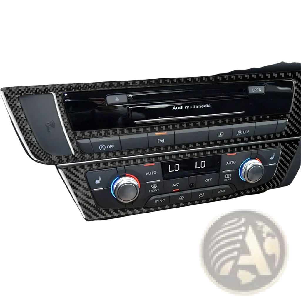Black carbon fiber ac panel sticker with textured weave trim installed around audi multimedia console for audi a6 a7 2012 2018
