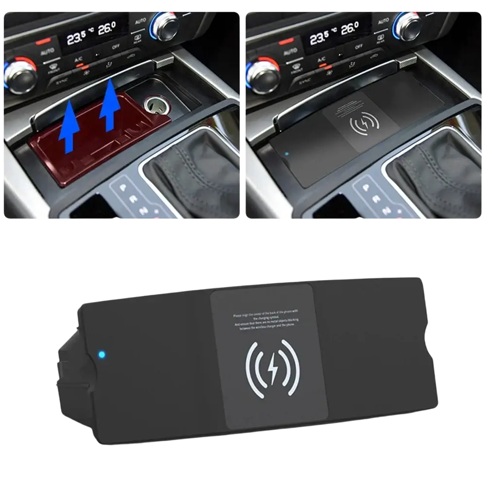 Black wireless car charger pad with matte finish and integrated charging symbol for Audi A6 A7 15w fast charging