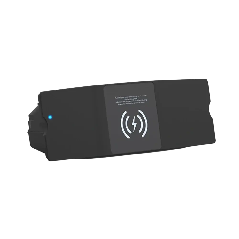 Black rectangular wireless charging pad with matte finish and blue indicator light for Audi A6 A7 15w fast car charger