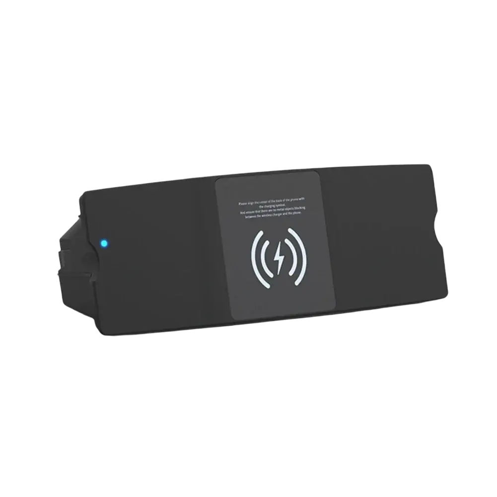 Black rectangular wireless charging pad with matte finish and white qi logo for Audi A6 A7 15w fast wireless car charging
