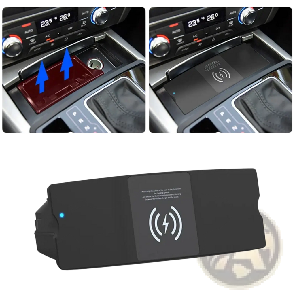 Black wireless car charger pad with matte finish and integrated charging symbol for Audi A6 A7 15w fast charging