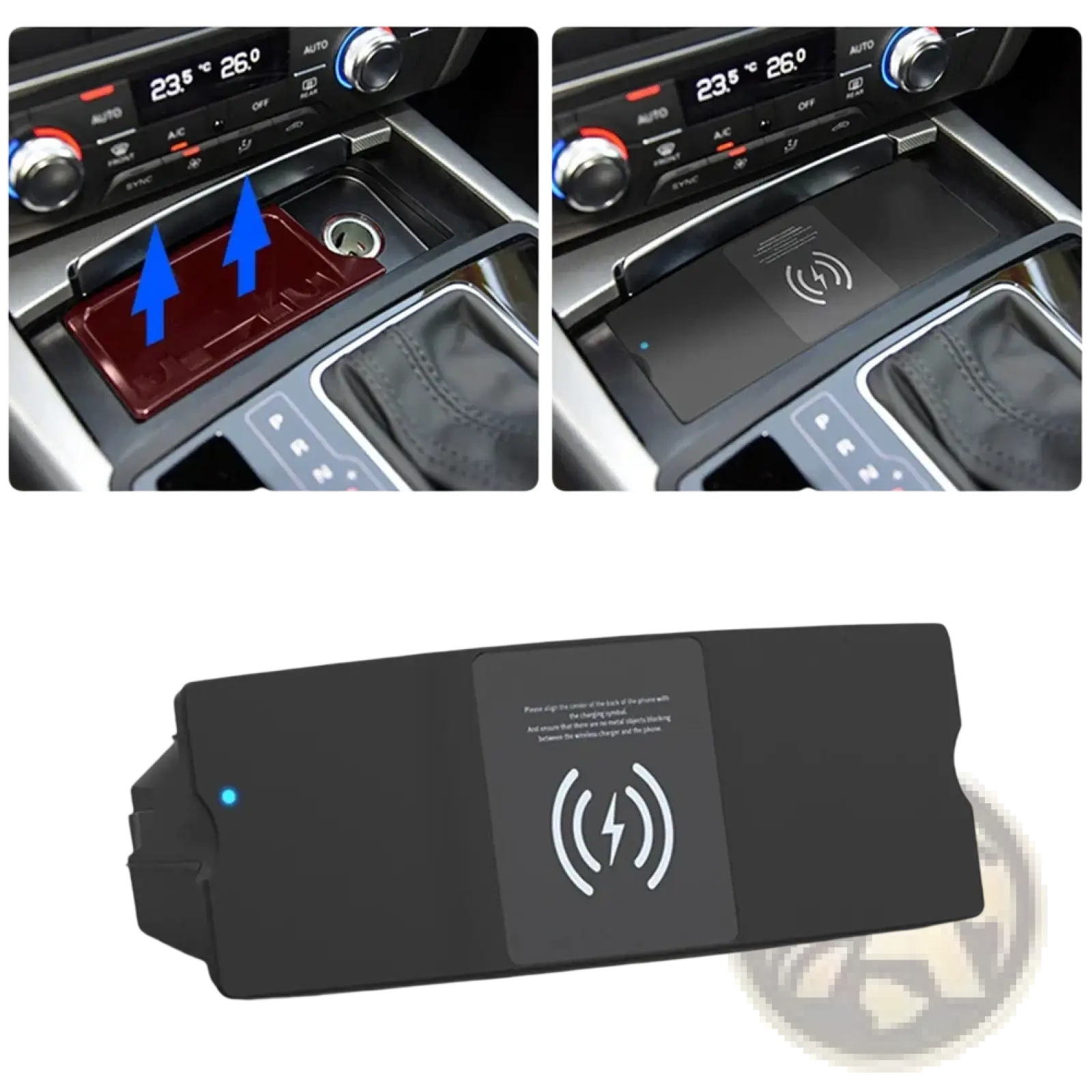 Black wireless car charger pad with matte finish and integrated charging symbol for Audi A6 A7 15w fast charging