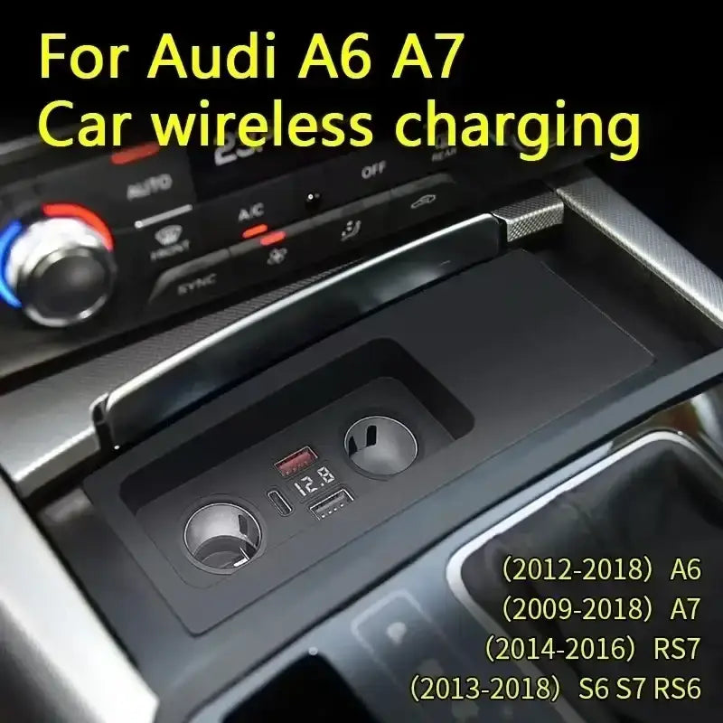 Black wireless car charger pad for Audi A6 and A7 models with integrated usb ports and sleek rectangular design