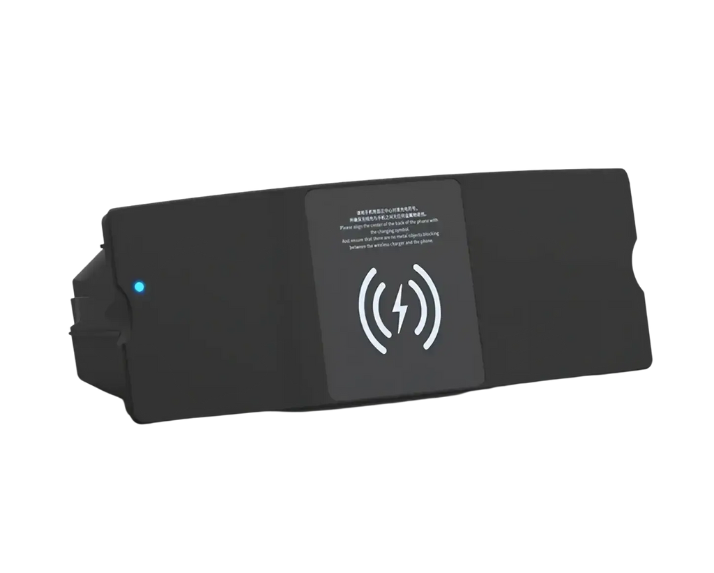 Black rectangular wireless car charger pad with glowing blue indicator and wi-fi symbol for audi a6 c7 rs6 s7 cars