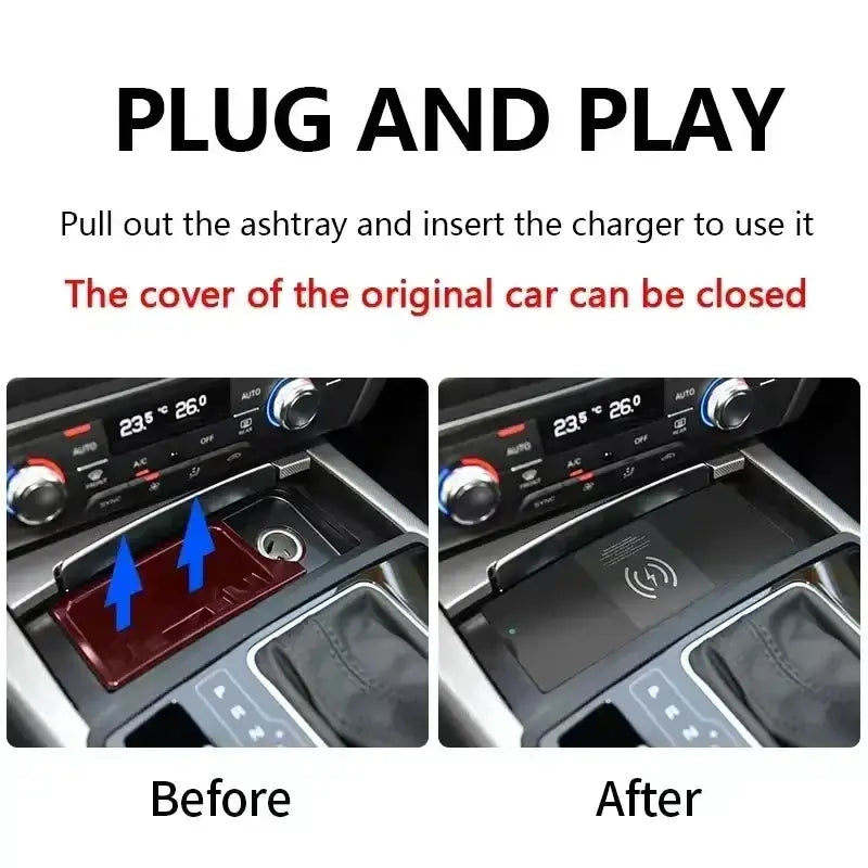 A sleek rectangular wireless car charger pad with a glossy red finish and embossed branding for audi a6 c7 rs6 s7