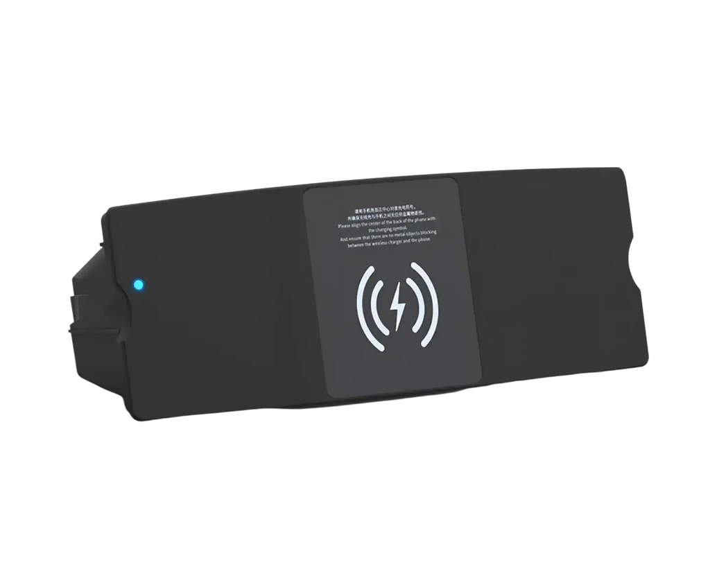 Black rectangular wireless charging pad with blue indicator light and white qi symbol for rs6 s7 rs7 models