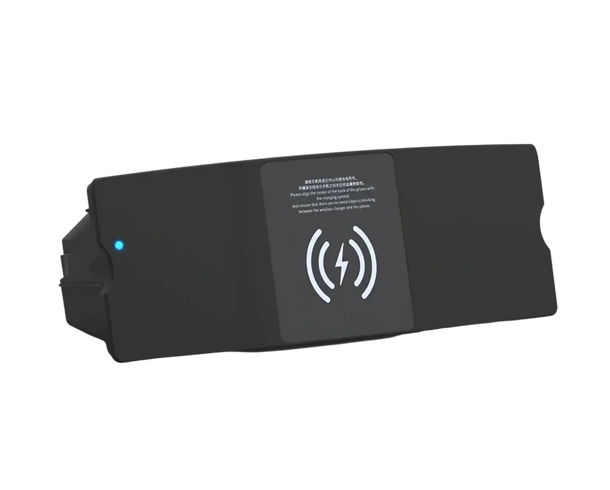 Black rectangular wireless charging pad with blue indicator light and white qi symbol for rs6 s7 rs7 models