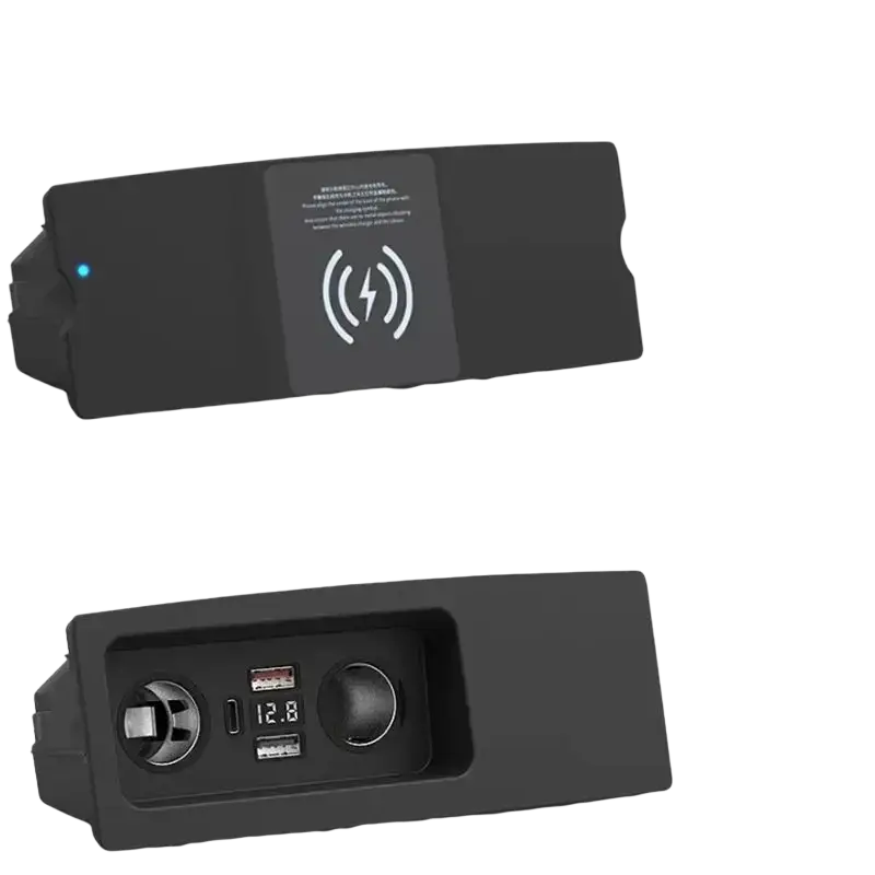 Black rectangular car infotainment console with wireless charging pad and usb ports for audi rs6 s7 rs7 models