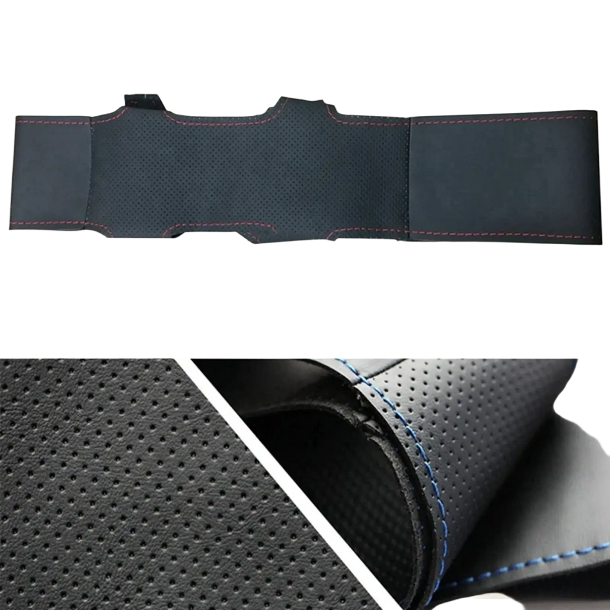 Black artificial leather Audi steering wheel cover with perforated texture and red contrasting stitching
