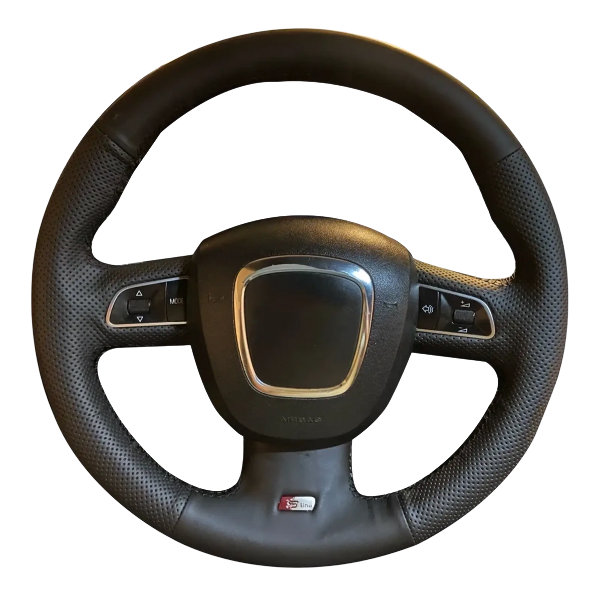 Audi leather steering wheel cover with red stitching on black perforated leather steering wheel with silver trim and buttons