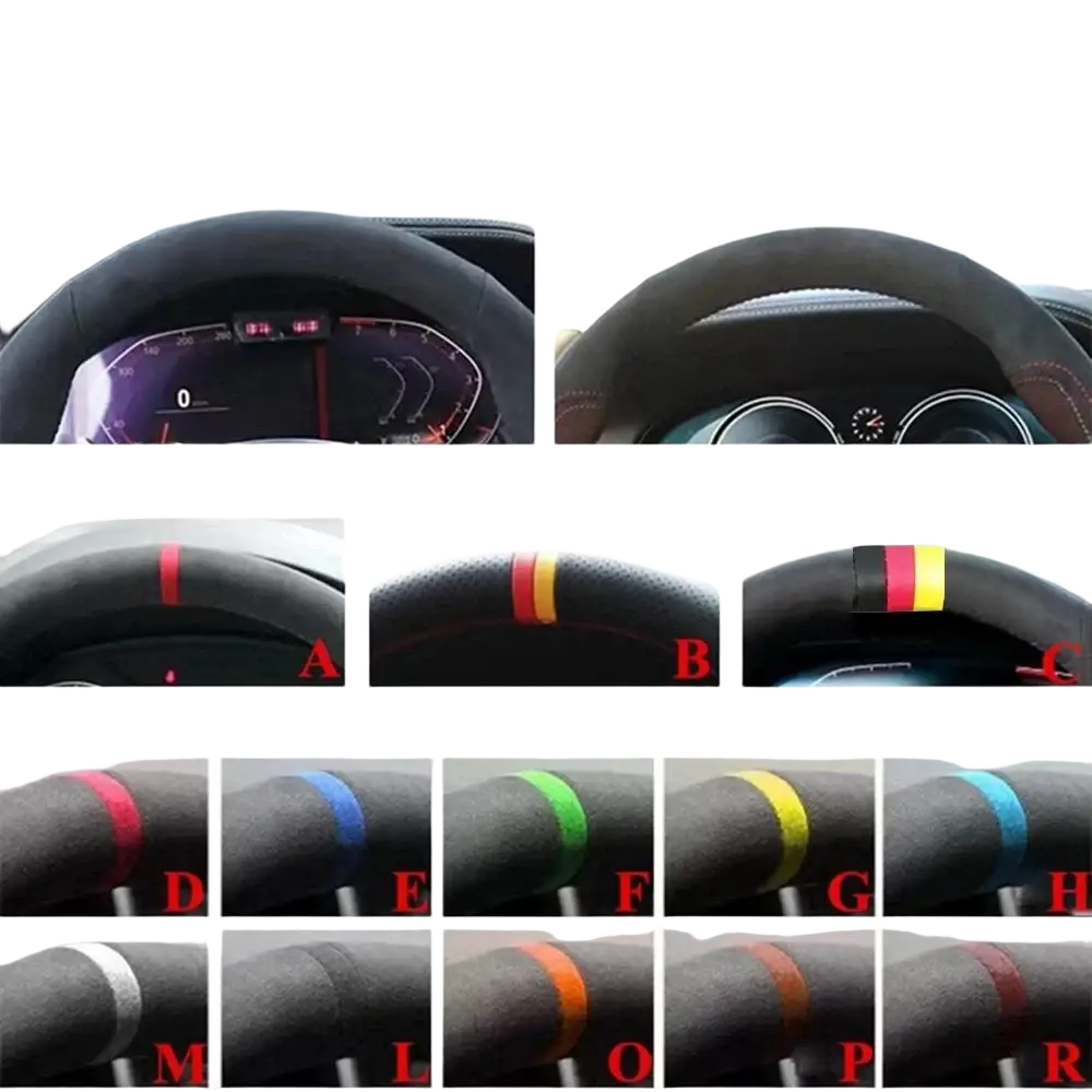 Black suede Audi leather steering wheel cover with red stitching and colorful striped accent bands in various hues