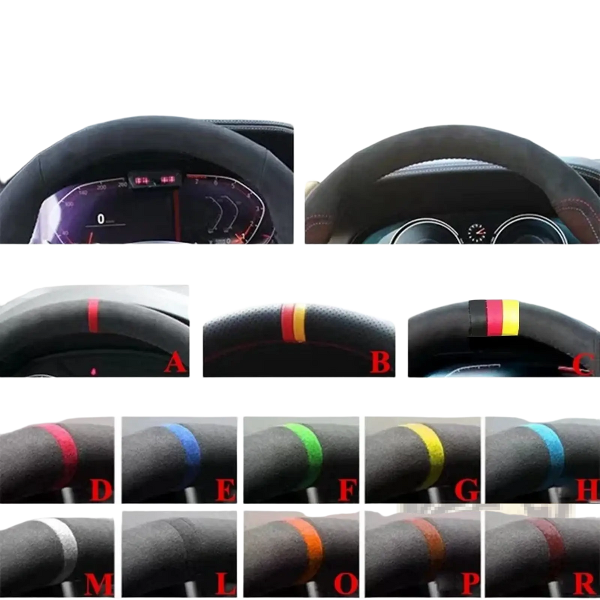 Black suede Audi leather steering wheel cover with red stitching and colorful striped accent bands in various hues