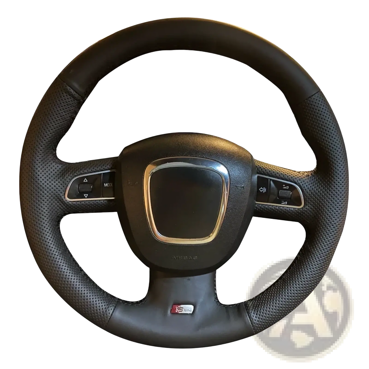 Audi leather steering wheel cover with red stitching on black perforated leather steering wheel with silver trim and buttons