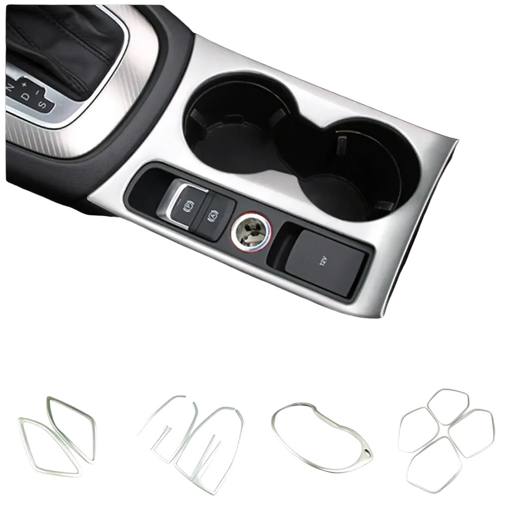Silver metallic trim insert for Audi Q3 2012-2016 center console with polished finish and precise contours for cup holders