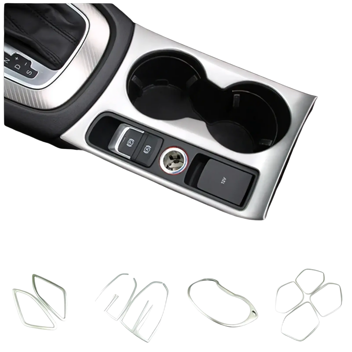 Silver metallic trim insert for Audi Q3 2012-2016 center console with polished finish and precise contours for cup holders
