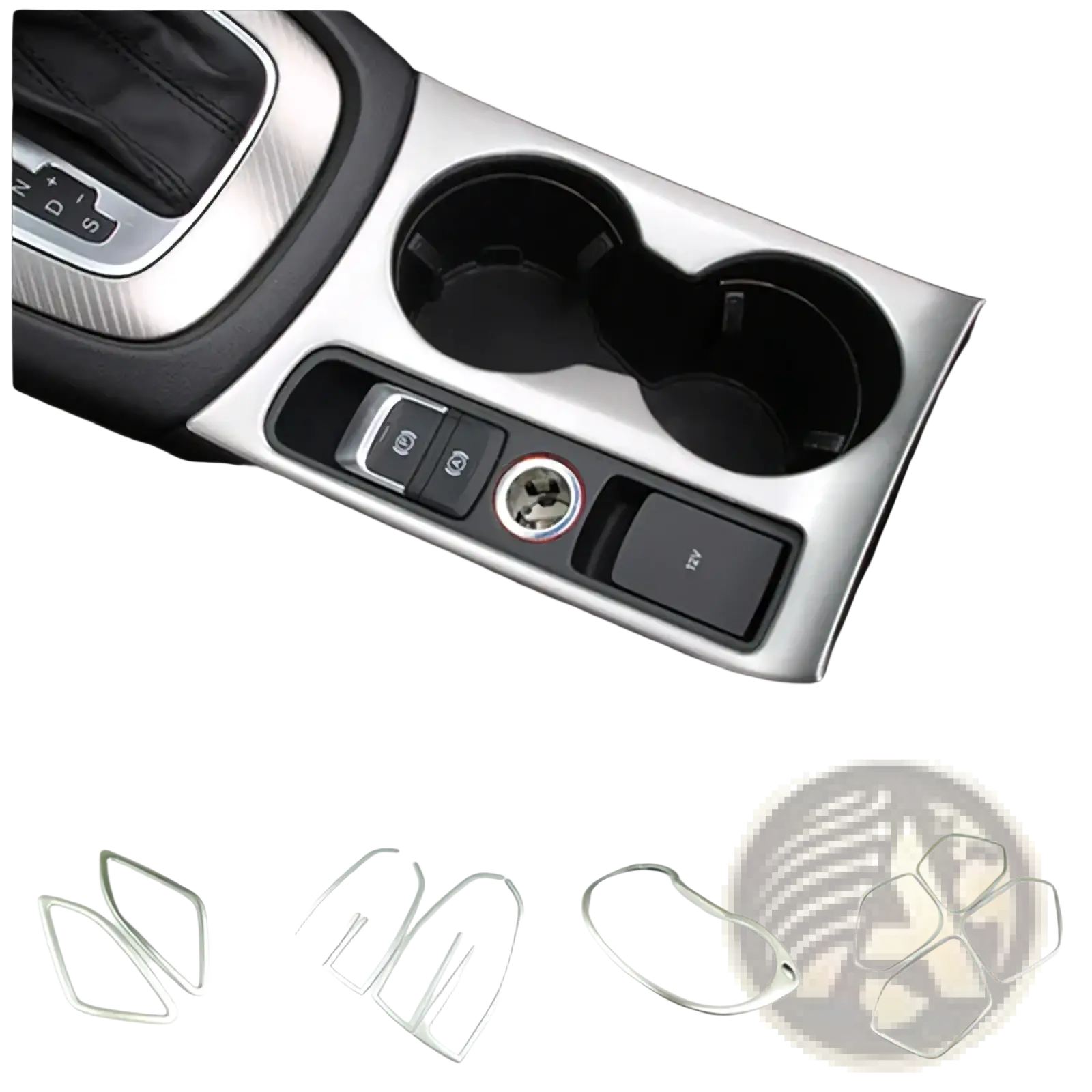 Silver metallic trim insert for Audi Q3 2012-2016 center console with polished finish and precise contours for cup holders