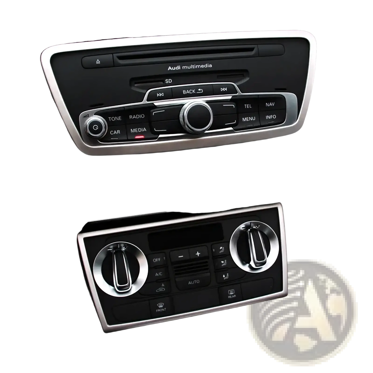 Silver-trimmed multimedia audio system with black control panel and circular dials for audi q3 2012-2016 interior trim decoration set