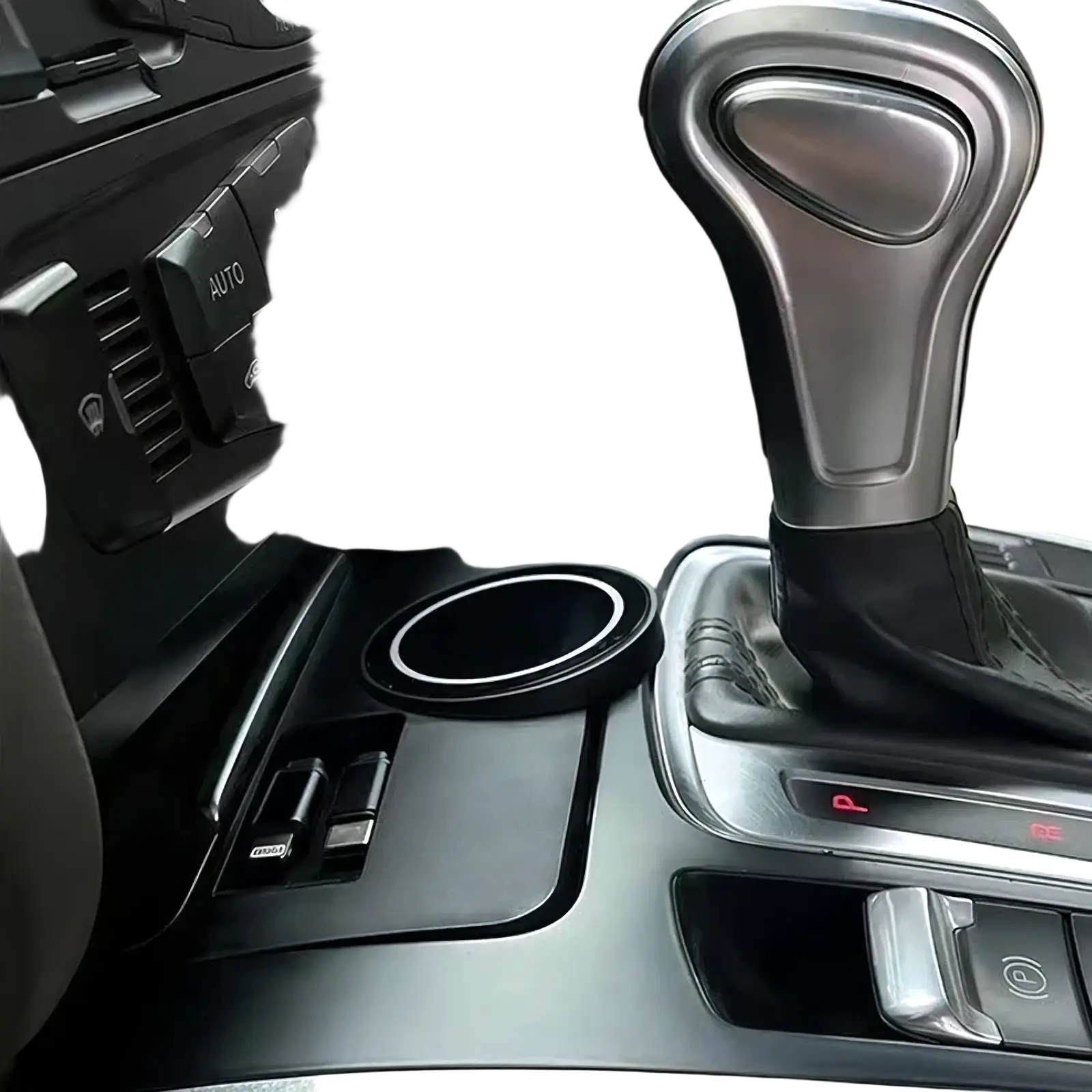 Black circular Audi Q5 A4l magnetic wireless charger car cup holder with silver rim and matte finish