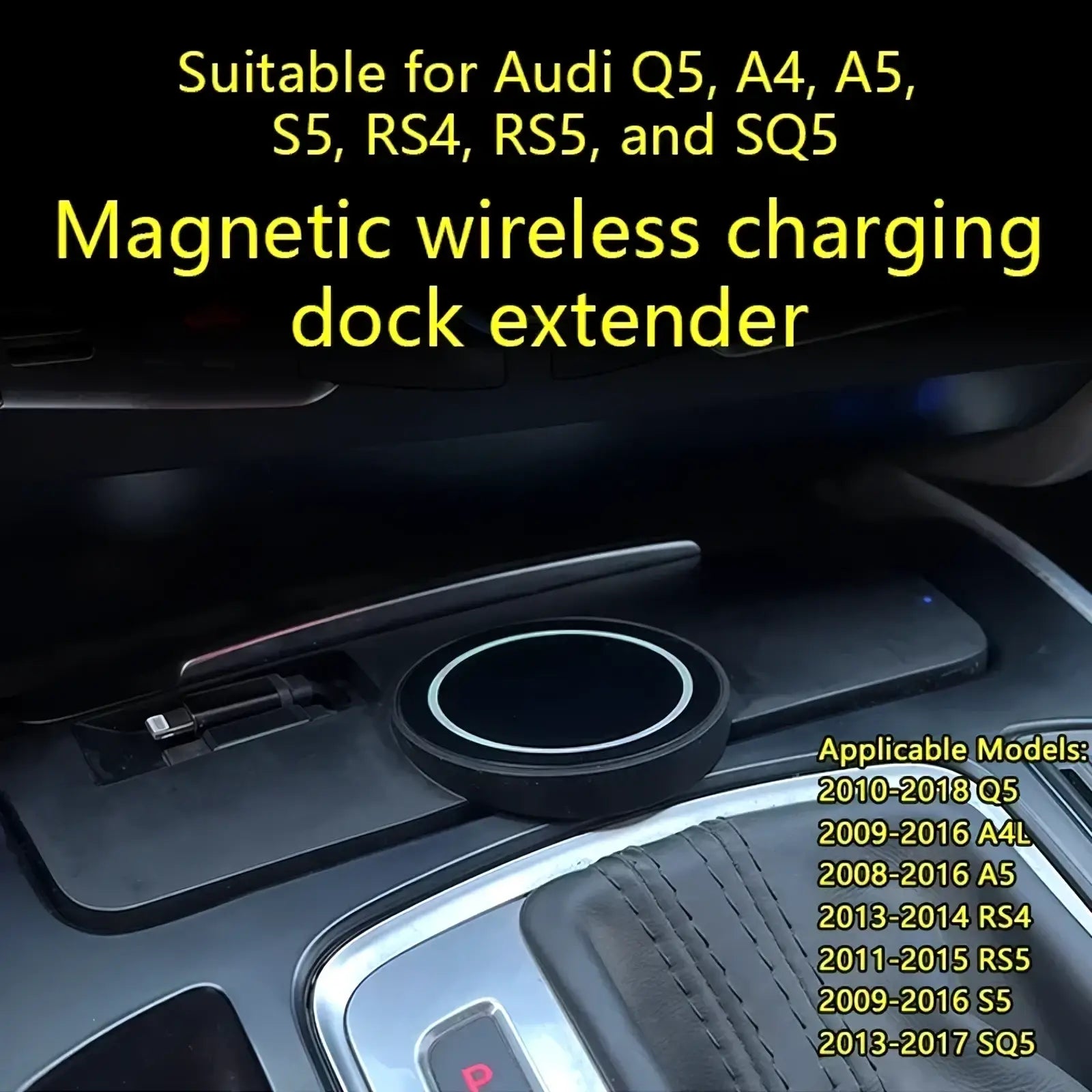 Black circular magnetic wireless charging dock extender with glowing white ring designed for Audi Q5 A4l models