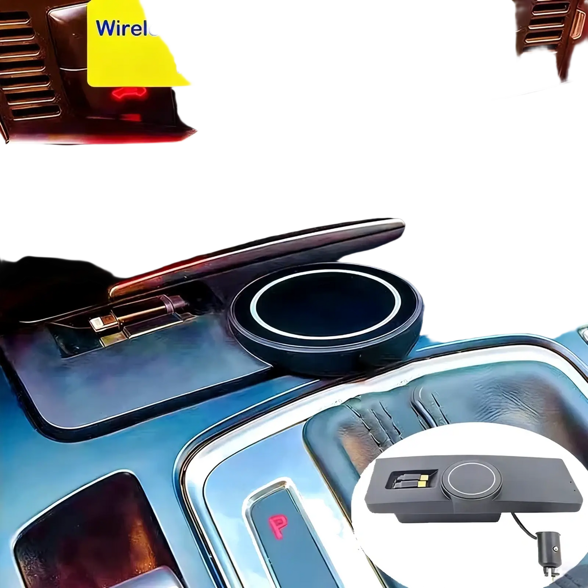 Black circular Audi Q5 A4 A5 S4 S5 magnetic wireless charger with retractable cable for convenient mobile charging