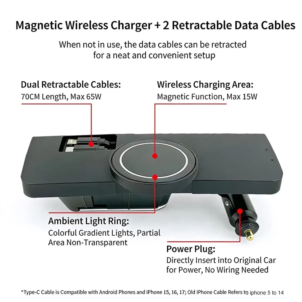 Black magnetic wireless charger for audi q5 a4l with dual retractable data cables and ambient light ring