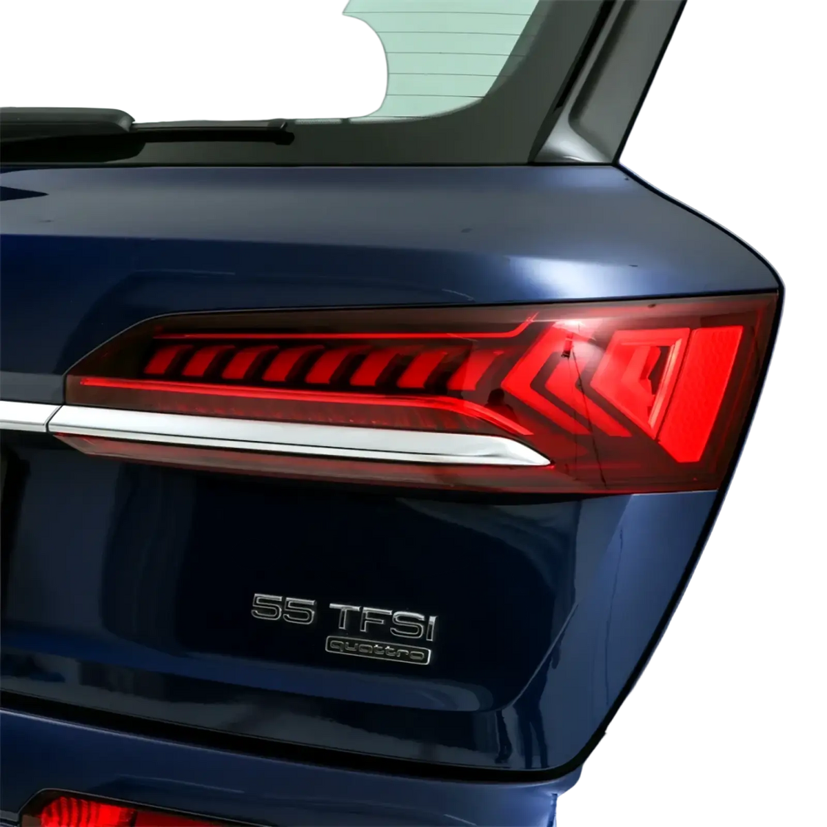 Back side of deep blue audi q7 2020-2024 tail light shell replacement cover with sleek led angular design and chrome strip