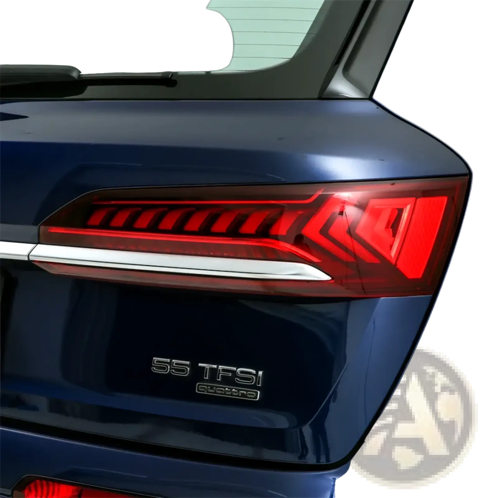 Back side of deep blue audi q7 2020-2024 tail light shell replacement cover with sleek led angular design and chrome strip