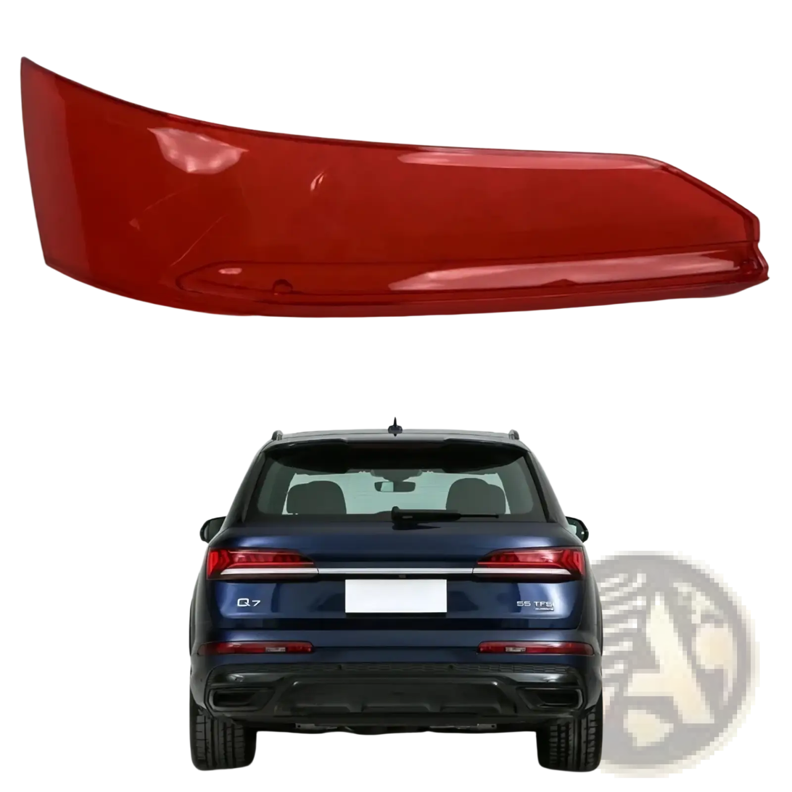 Red glossy plastic rear spoiler for audi q7 2020-2024 shown from the back side as a tail light shell replacement cover