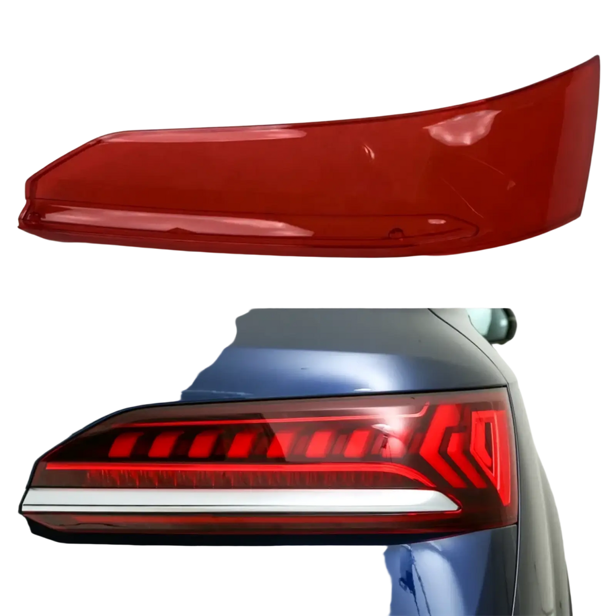 Red translucent plastic tail light shell replacement cover for Audi Q7 2020-2024 shown from the back side