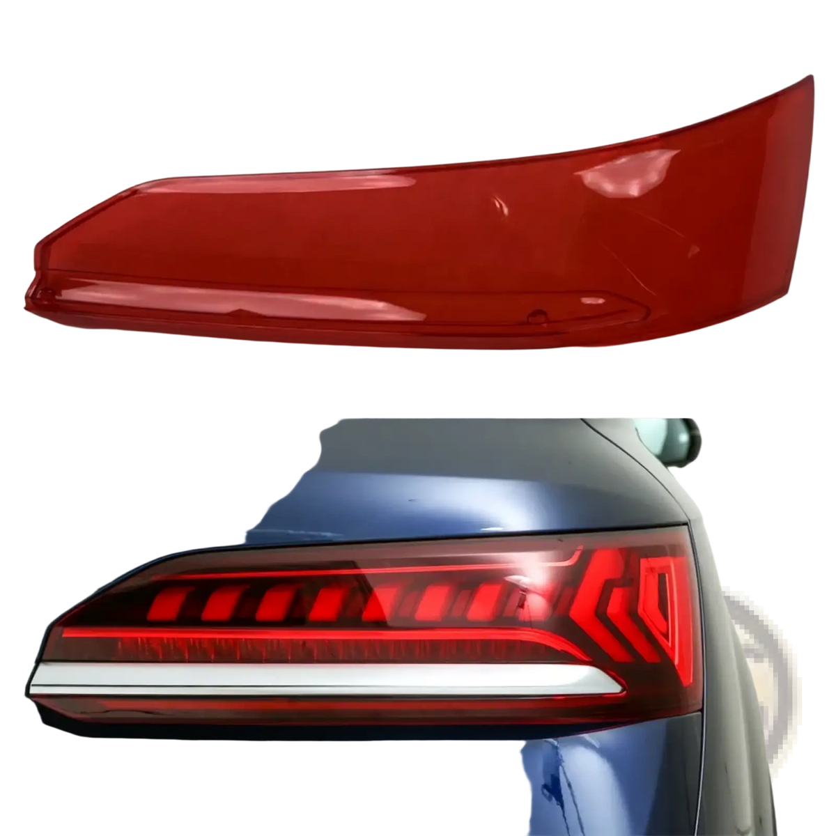 Red translucent plastic tail light shell replacement cover for Audi Q7 2020-2024 shown from the back side