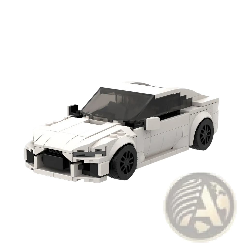 White lego technic Audi Rs7 sports car model toy with black wheels and transparent windows viewed from the back side