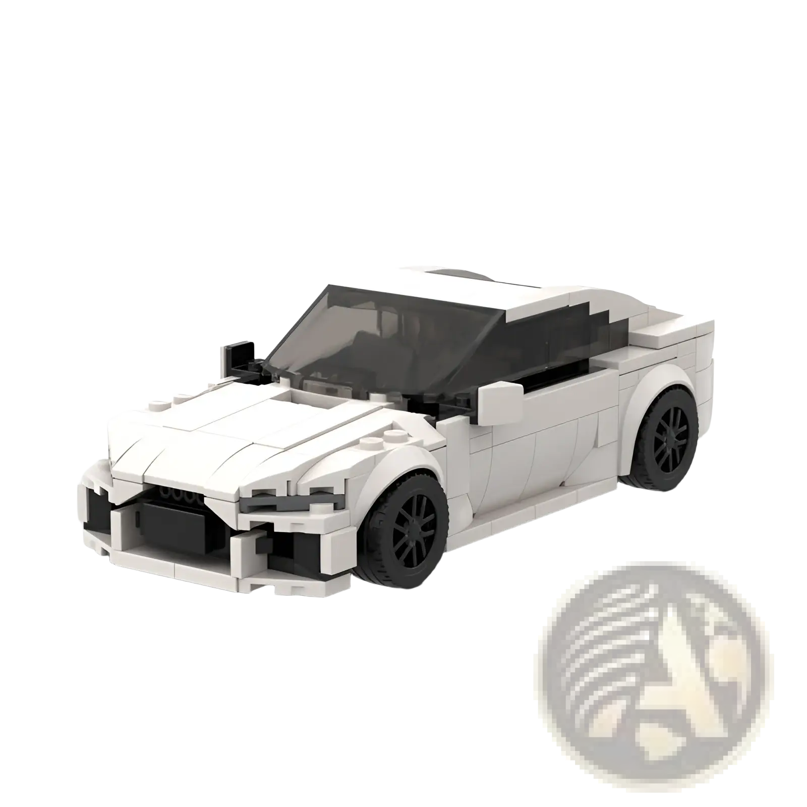 White lego technic Audi Rs7 sports car model toy with black wheels and transparent windows viewed from the back side