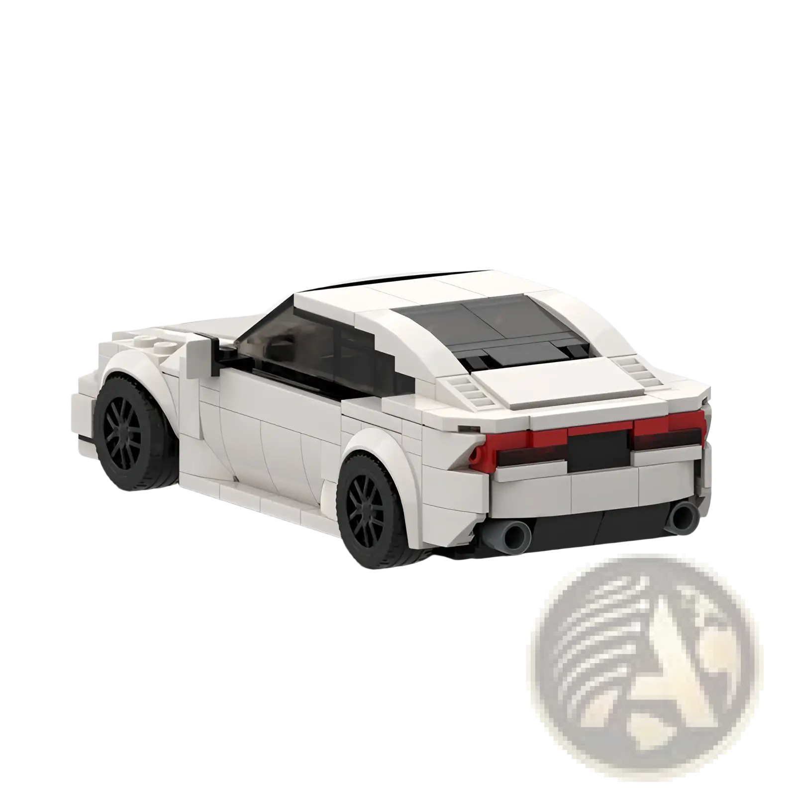 White lego-built audi rs7 sports car model toy shown from the back with black wheels and red taillights