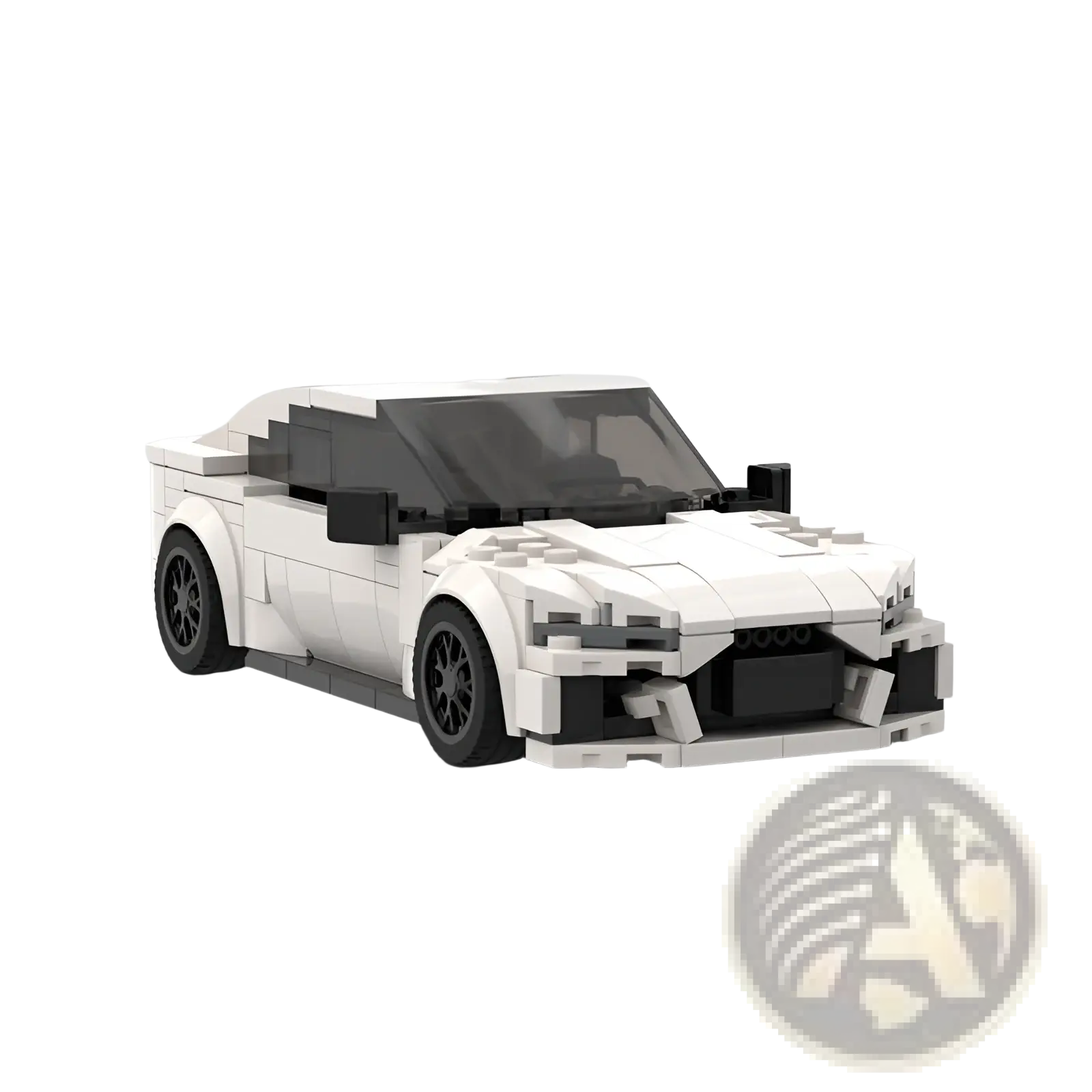 White lego-built Audi Rs7 sports car model toy with black wheels and dark-tinted windshield for building block enthusiasts