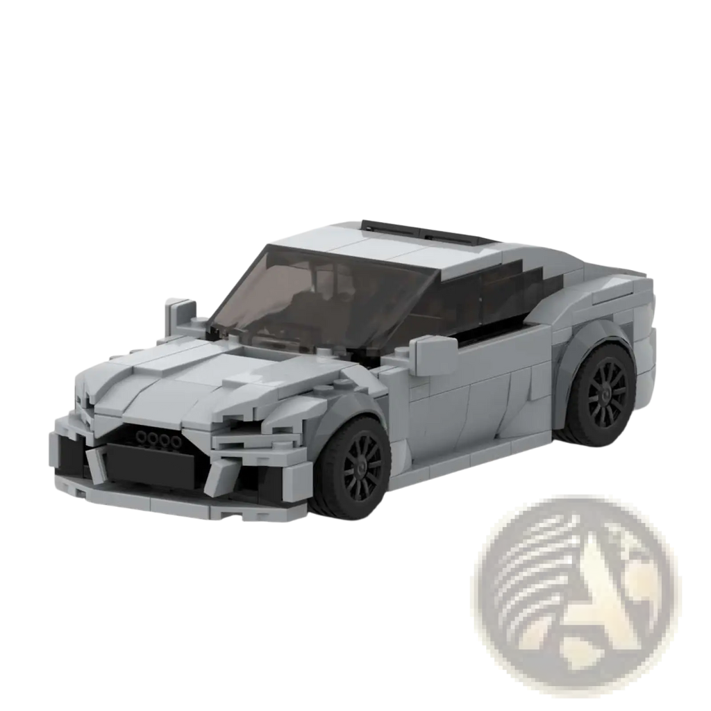 Gray lego-built Audi RS7 sports car model toy with black wheels and transparent windows shown from the back side