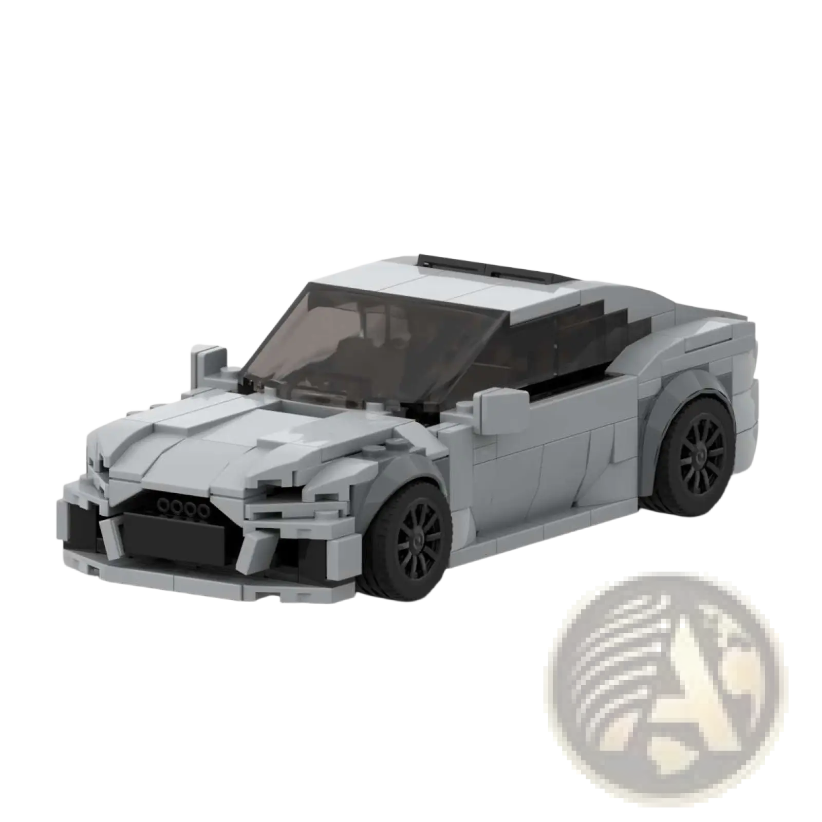 Gray lego-built Audi RS7 sports car model toy with black wheels and transparent windows shown from the back side