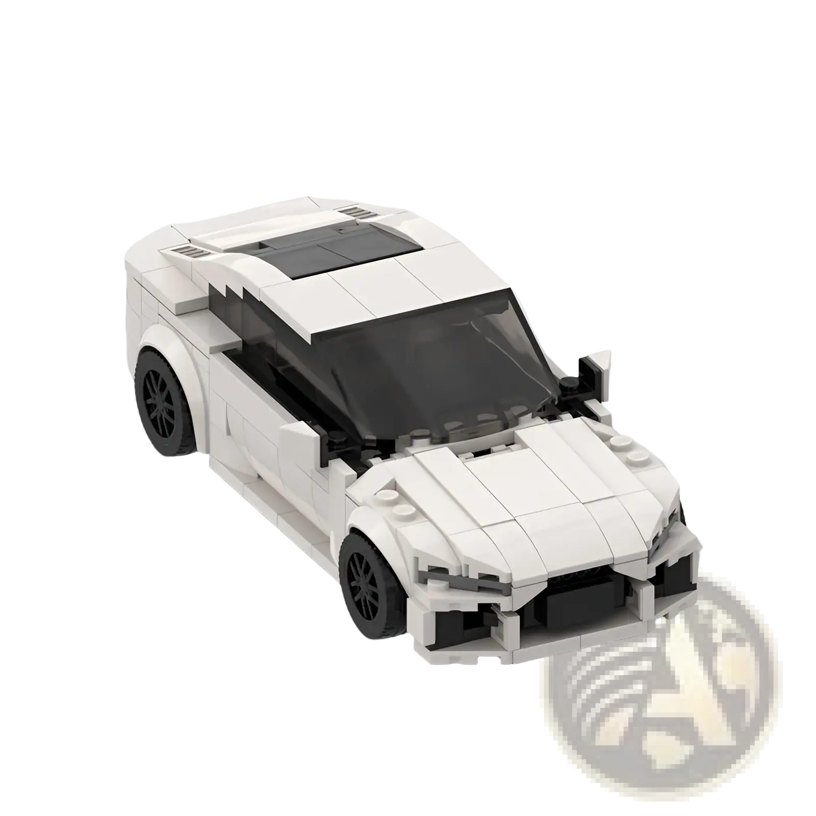 Audi RS7 building block sports car model toy in white with black wheels and transparent windshield facing forward