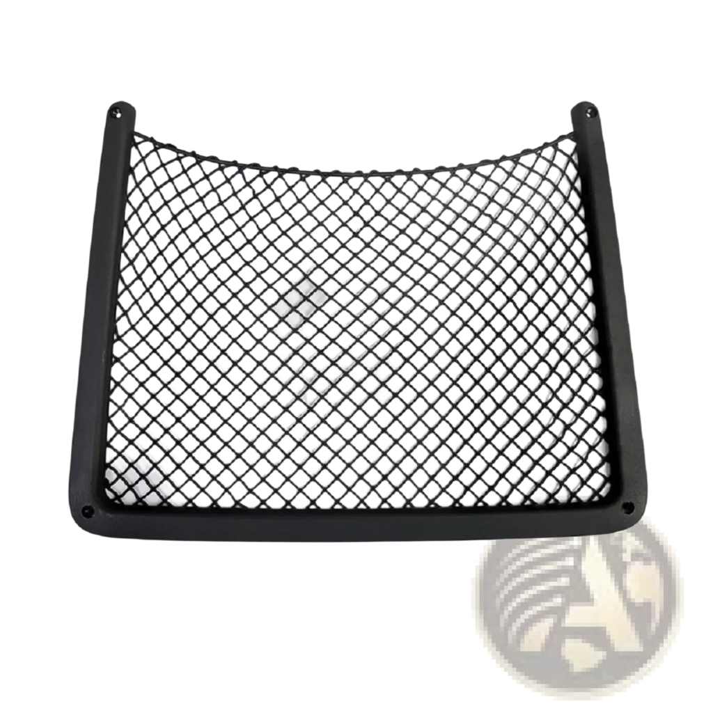 Black mesh Audi seat back organizer with sturdy plastic frame for car trunk storage and organization