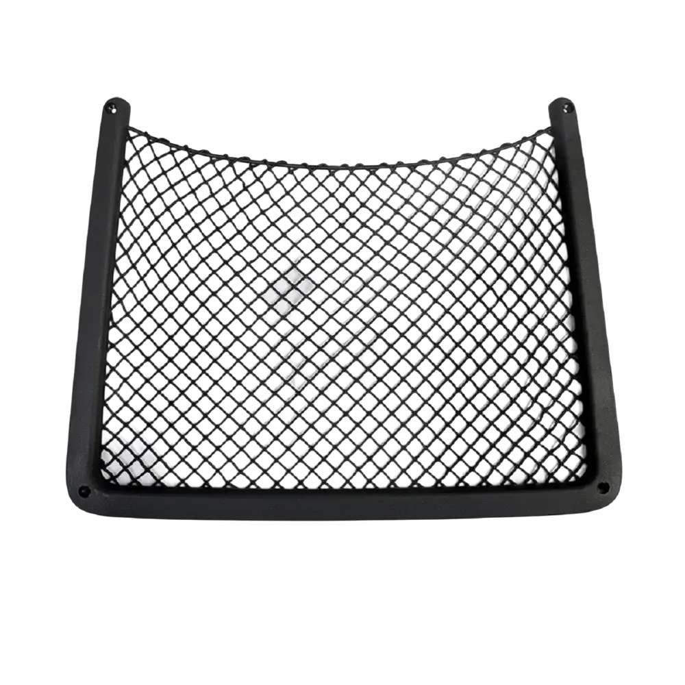 Black mesh Audi seat back organizer with sturdy plastic frame for car trunk storage and organization