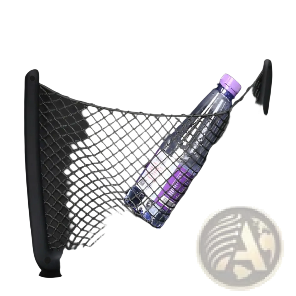 Audi seat back mesh organizer in black holds a clear plastic water bottle with a purple cap for car storage