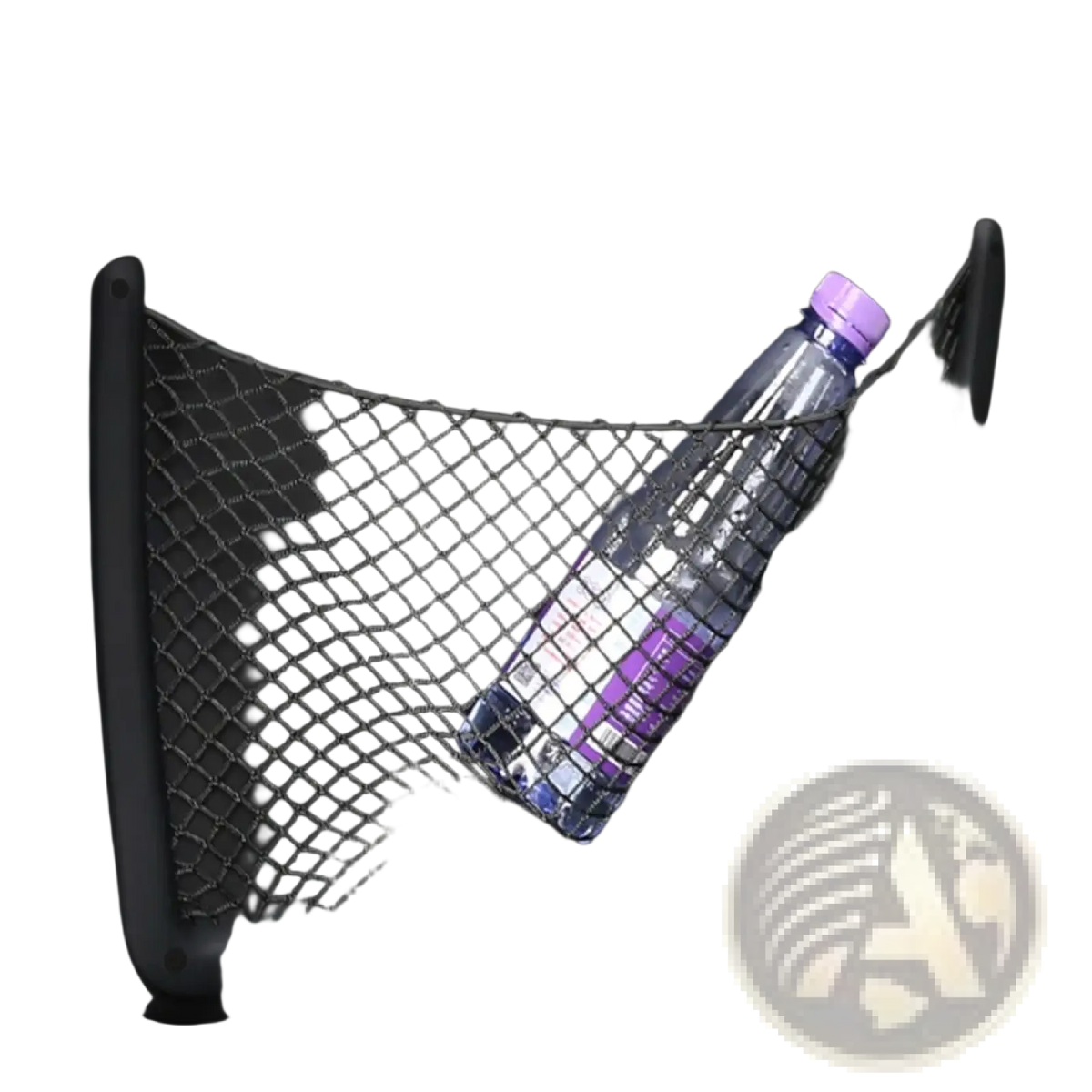 Audi seat back mesh organizer in black holds a clear plastic water bottle with a purple cap for car storage