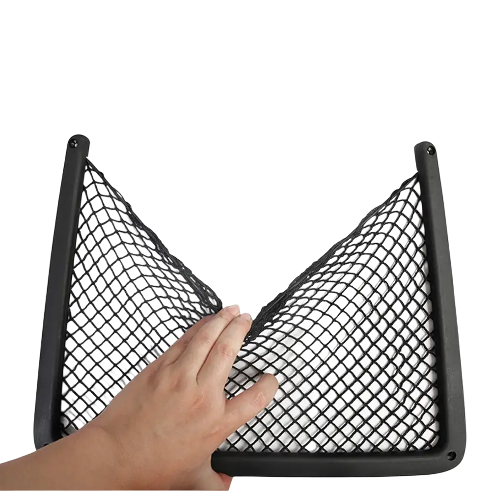 Black mesh audi seat back organizer with reinforced plastic frame for car trunk storage and organization