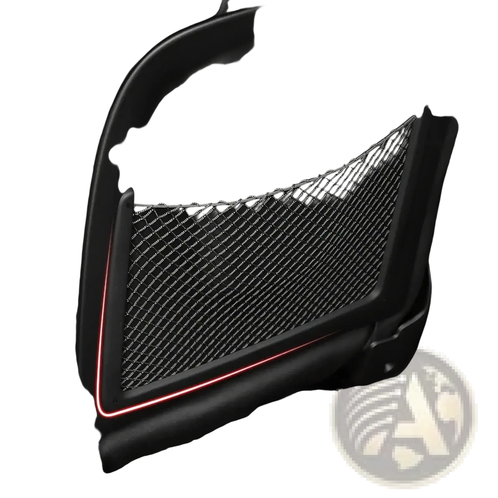 Audi seat back mesh organizer showing black mesh material with red led lighting trim on the back side of the product