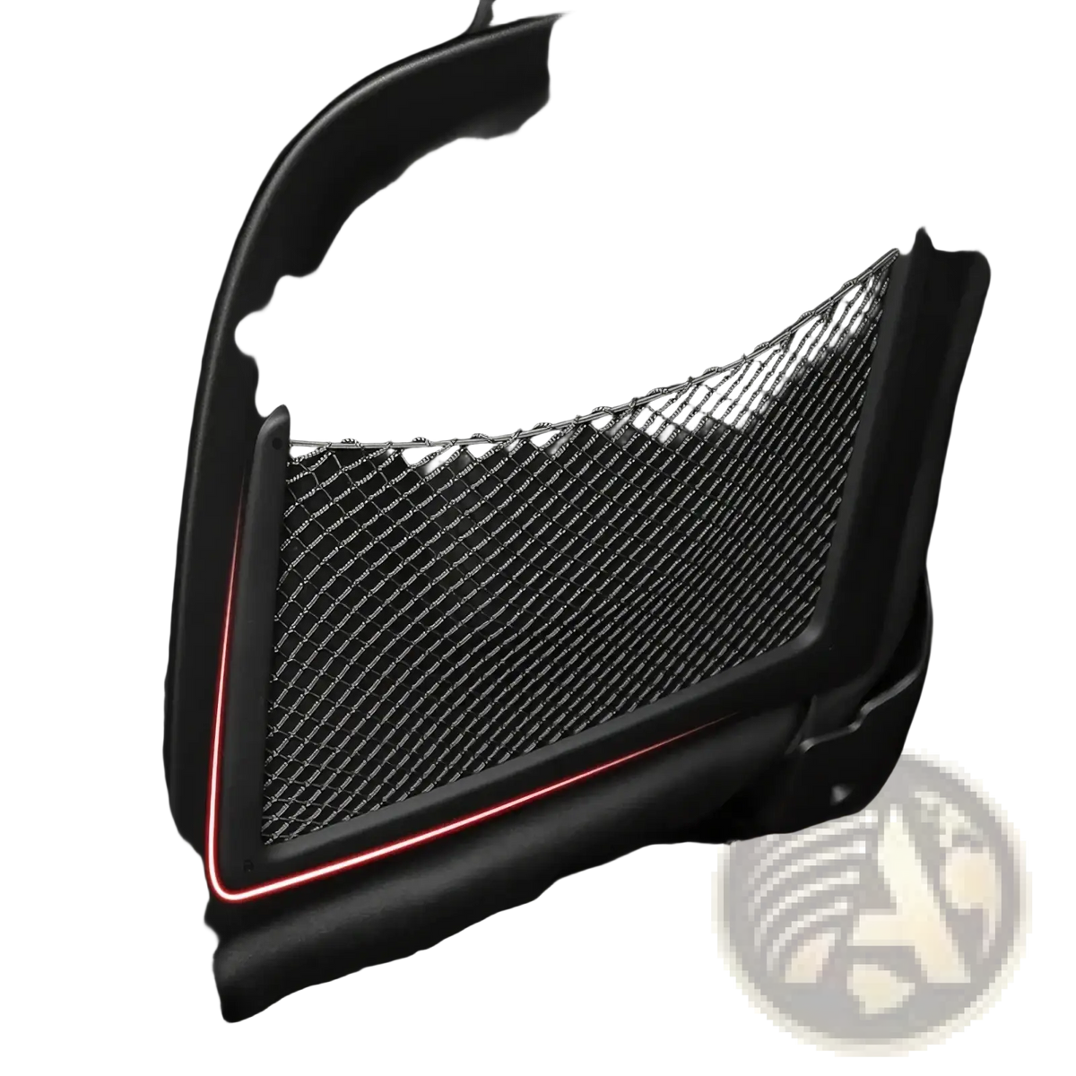 Audi seat back mesh organizer showing black mesh material with red led lighting trim on the back side of the product